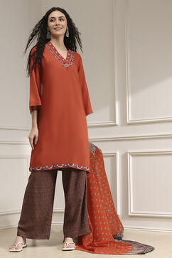 Orange Viscose Straight Solid Suit Set image number 0