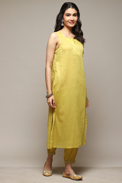 Lime Green Cotton Blend Layered Kurta Suit Set image number 1