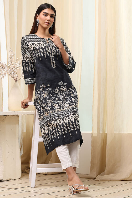 Black Cotton Printed Straight Kurta image number 0