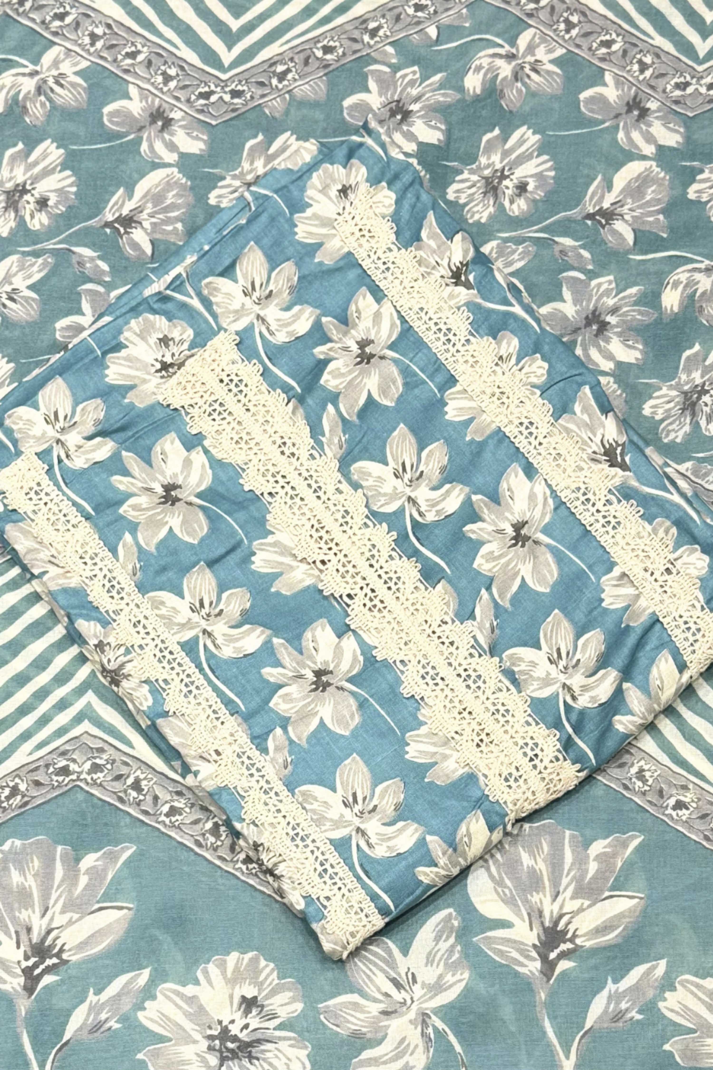 Teal Cotton Printed Unstitched Suit Set image number 1