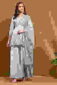 Aqua Blue Cotton Floral Printed Peplum Flared Suit Set image number 6