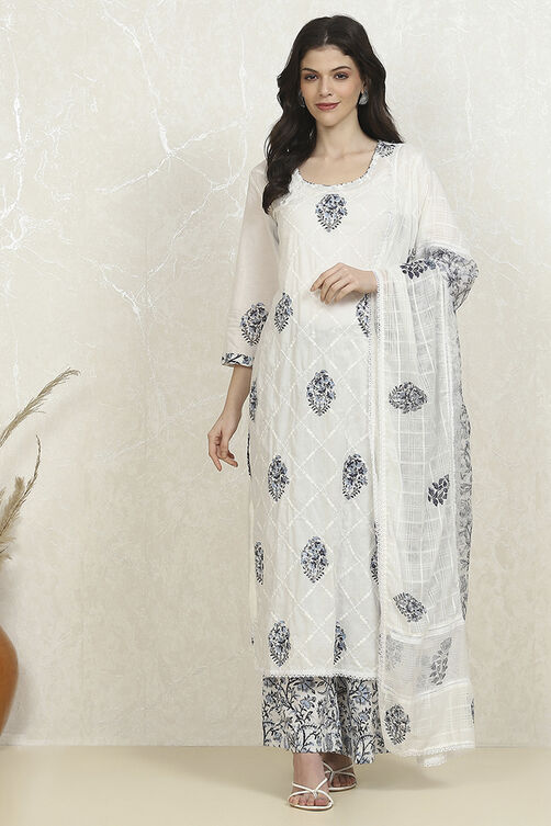 White and Blue Cotton Printed Unstitched Suit Set image number 7
