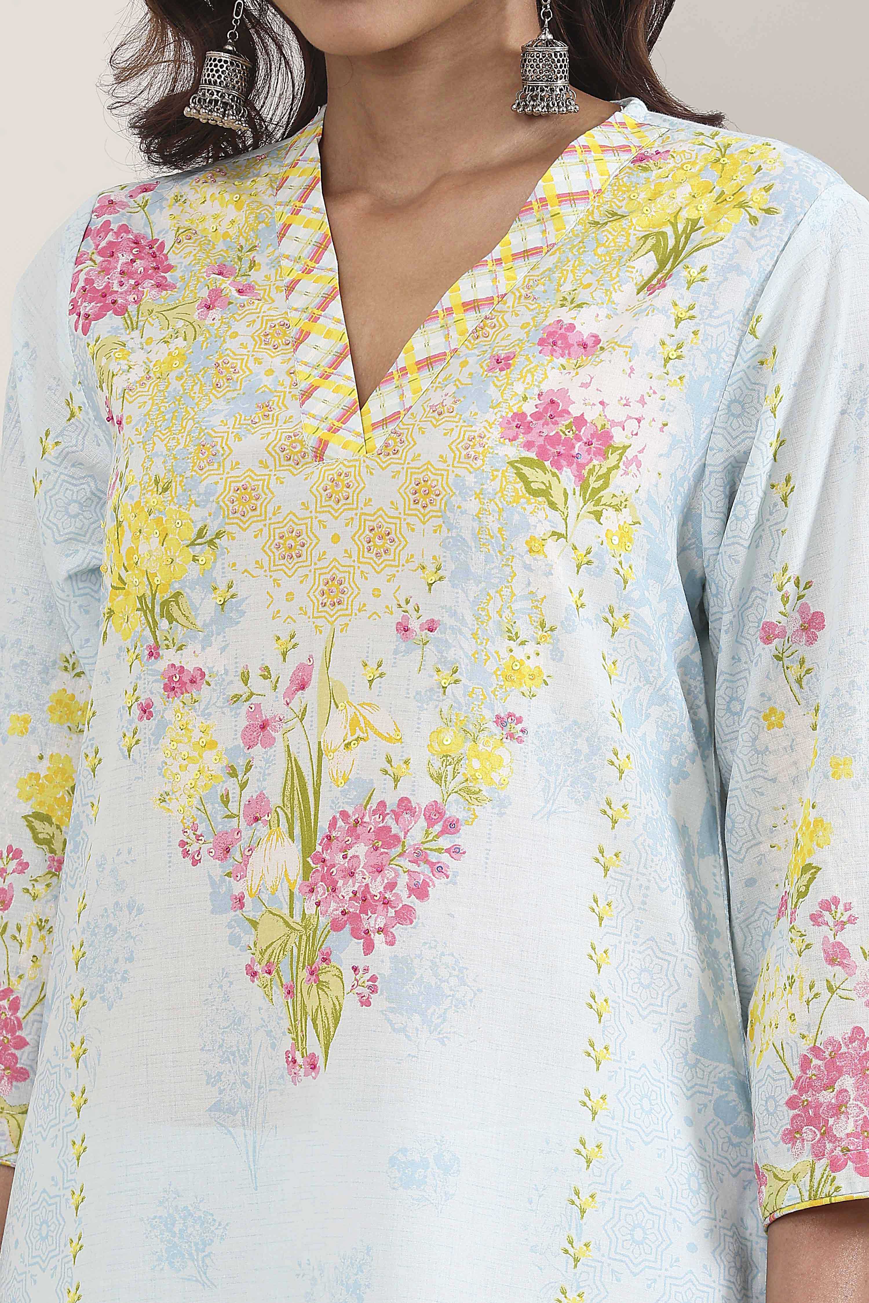 Powder Blue Cotton Printed Straight Suit Set image number 1