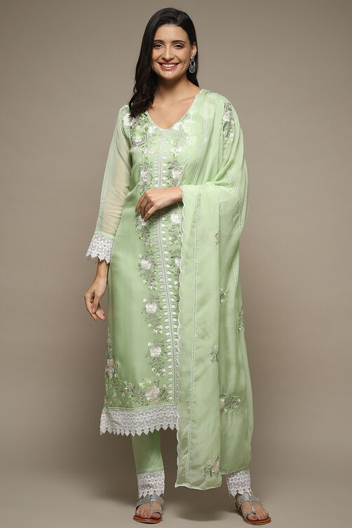 Green Organza Lace Unstitched Suit Set image number 8