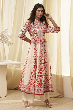 White and Rust Cotton Printed Anarkali Kurta Set image number 6