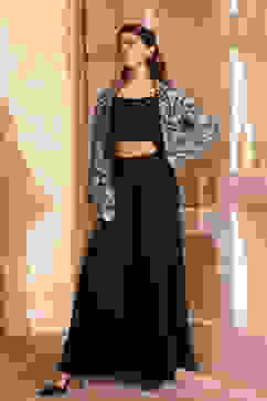 Black Poly Georgette Fitted Embroidered Fusion Set image number 3