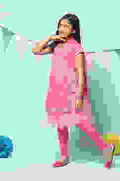 Pink Cotton Blend Layered Printed Suit Set image number 6