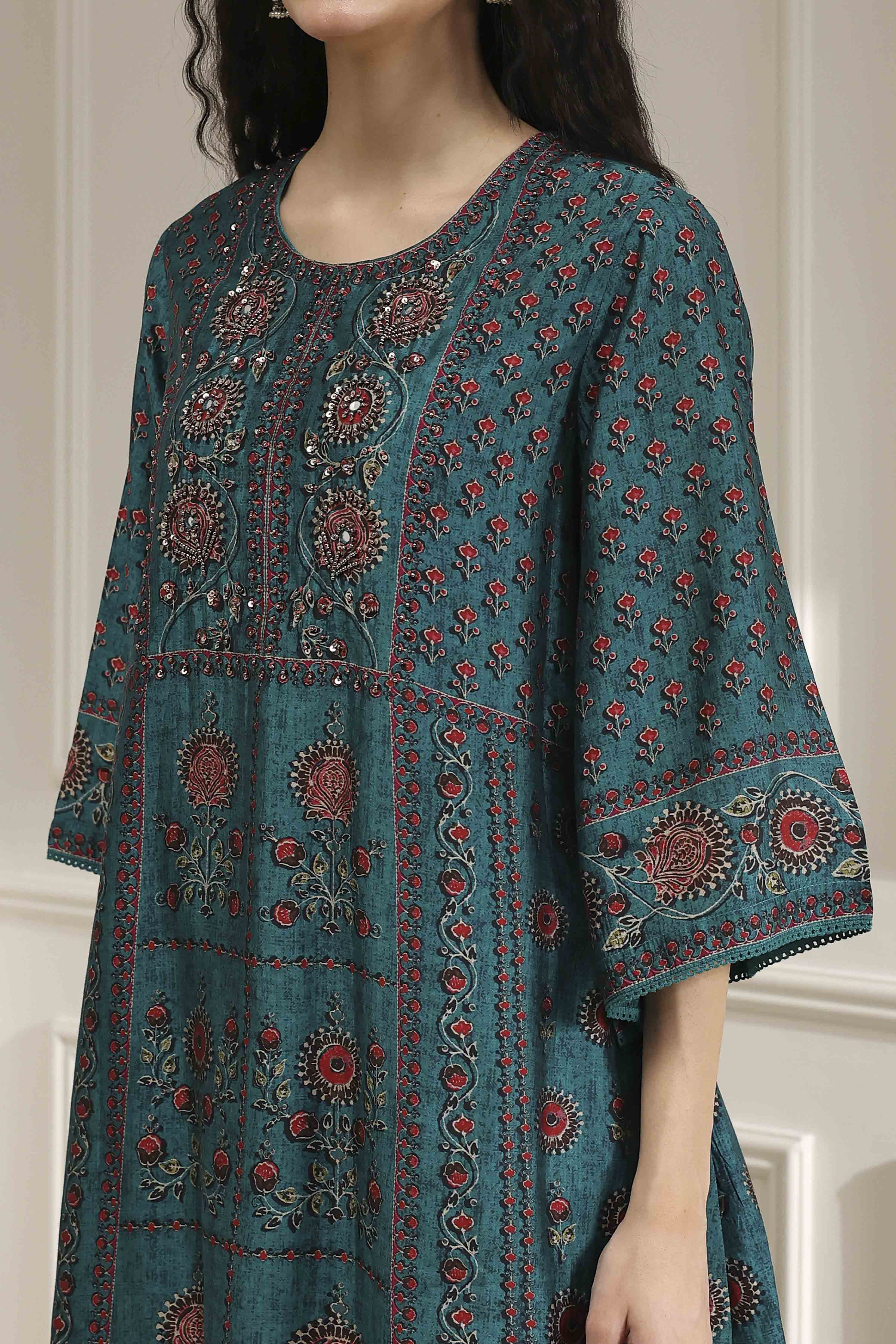 Teal Printed Straight Suit Set image number 1