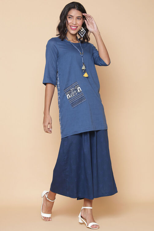 Blue Cotton Straight Printed Kurta image number 3
