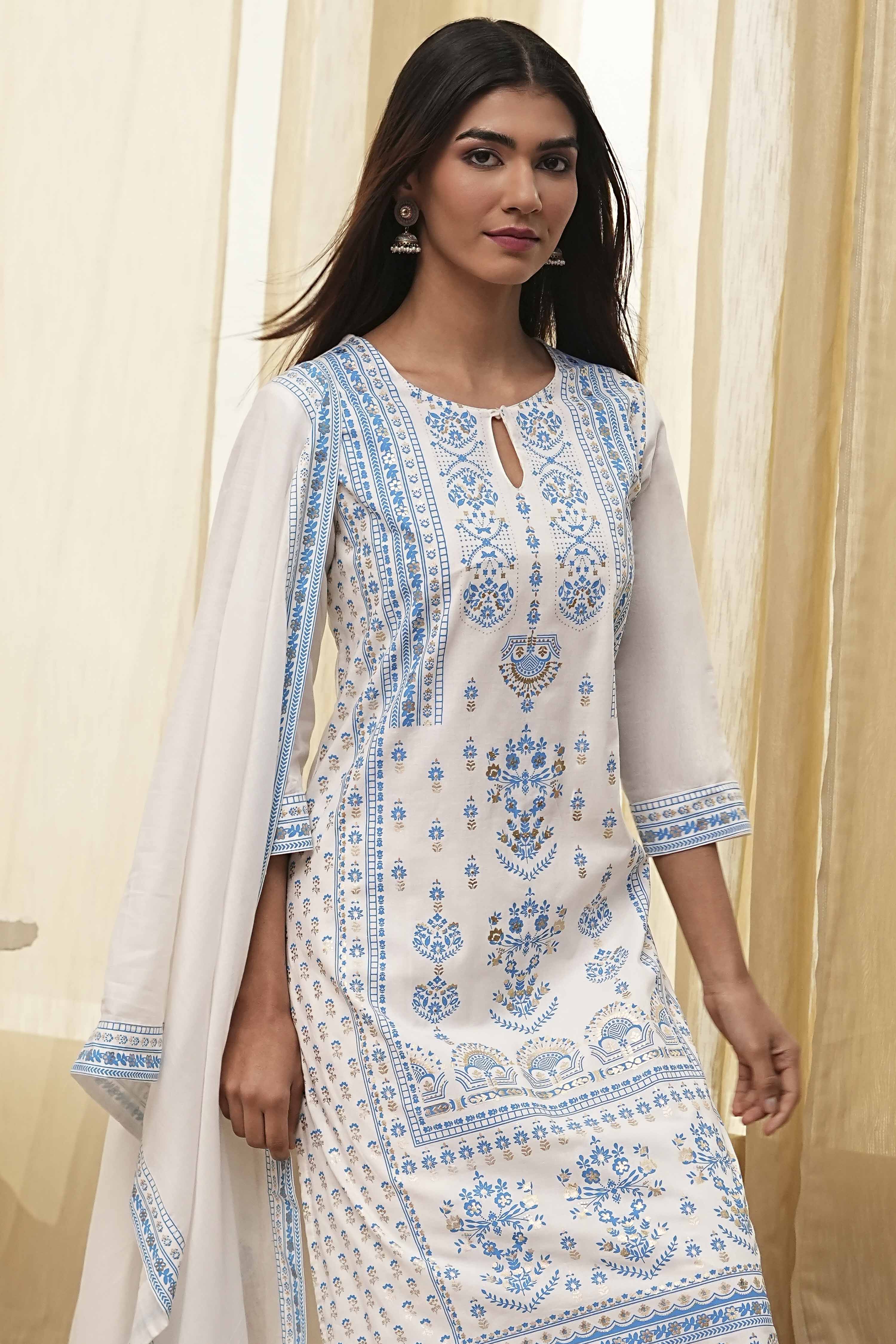 Off-White and Pink Cotton Straight Suit Set image number 7