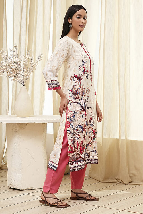 Ecru Floral Printed Straight Kurta image number 4