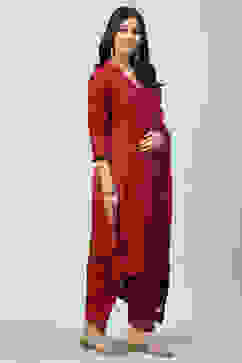 Cherry Red Cotton Straight Kurta Salwar Suit Set image number 5