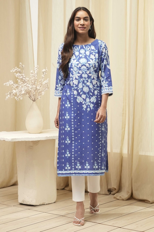 Blue Cotton Printed Straight Kurta image number 6