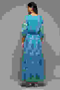 Blue Cotton Blend Tiered Printed Dress image number 4