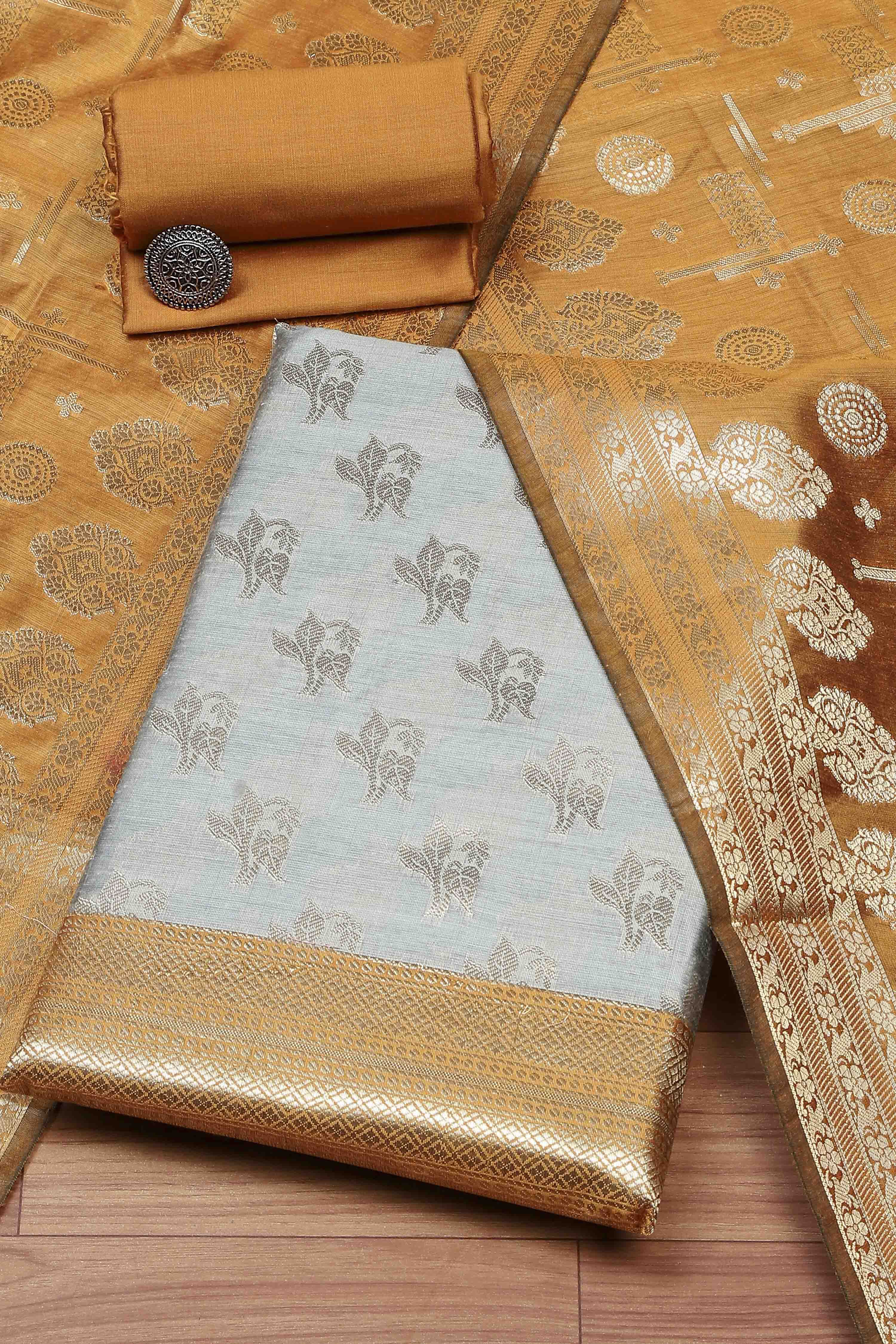 Grey Chanderi  Unstitched Suit Set image number 0