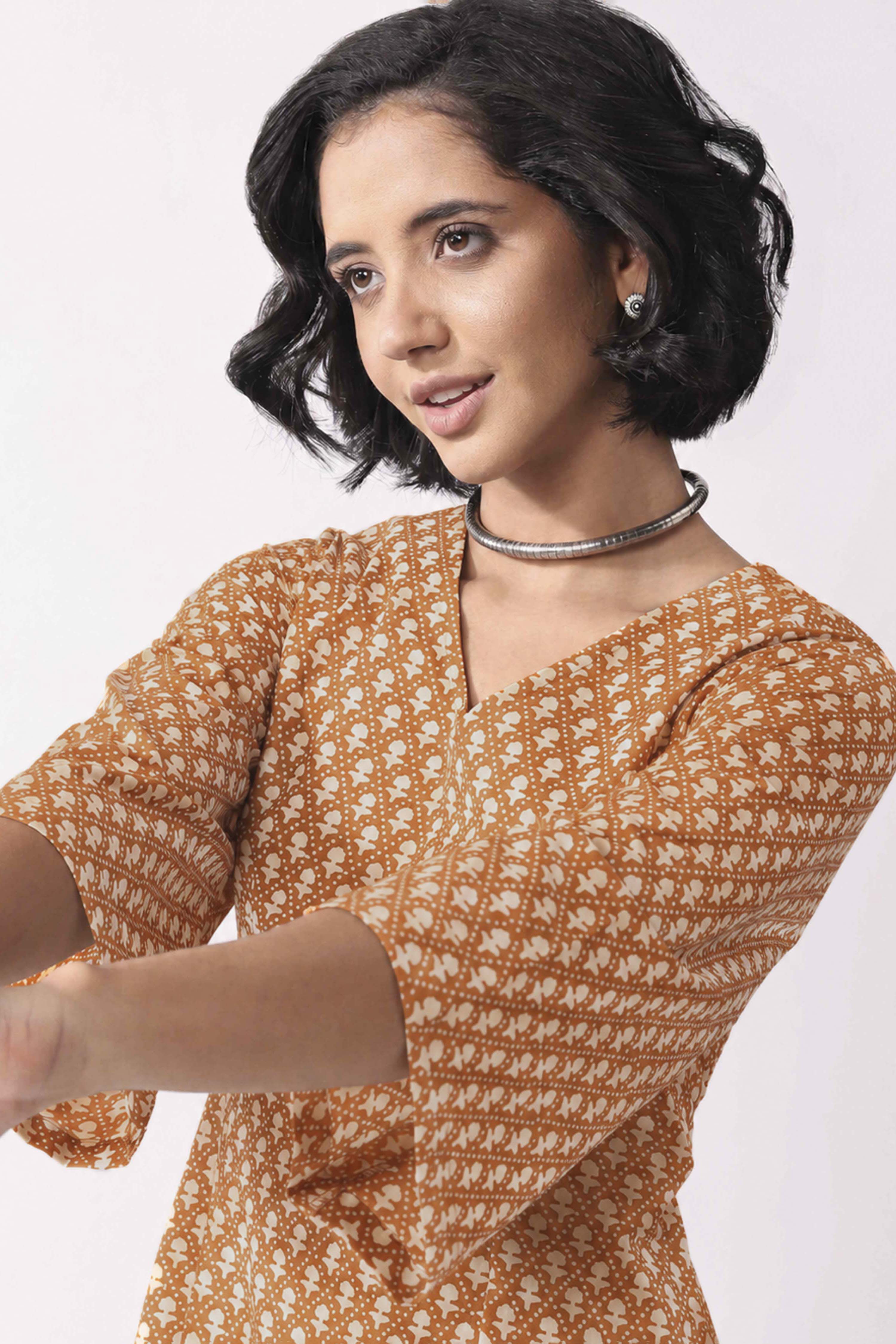 Mustard Cotton Straight Short Kurti image number 1