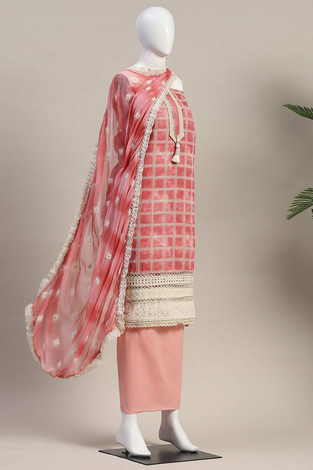 Pink Cotton Schiffly Unstitched Suit Set image number 4