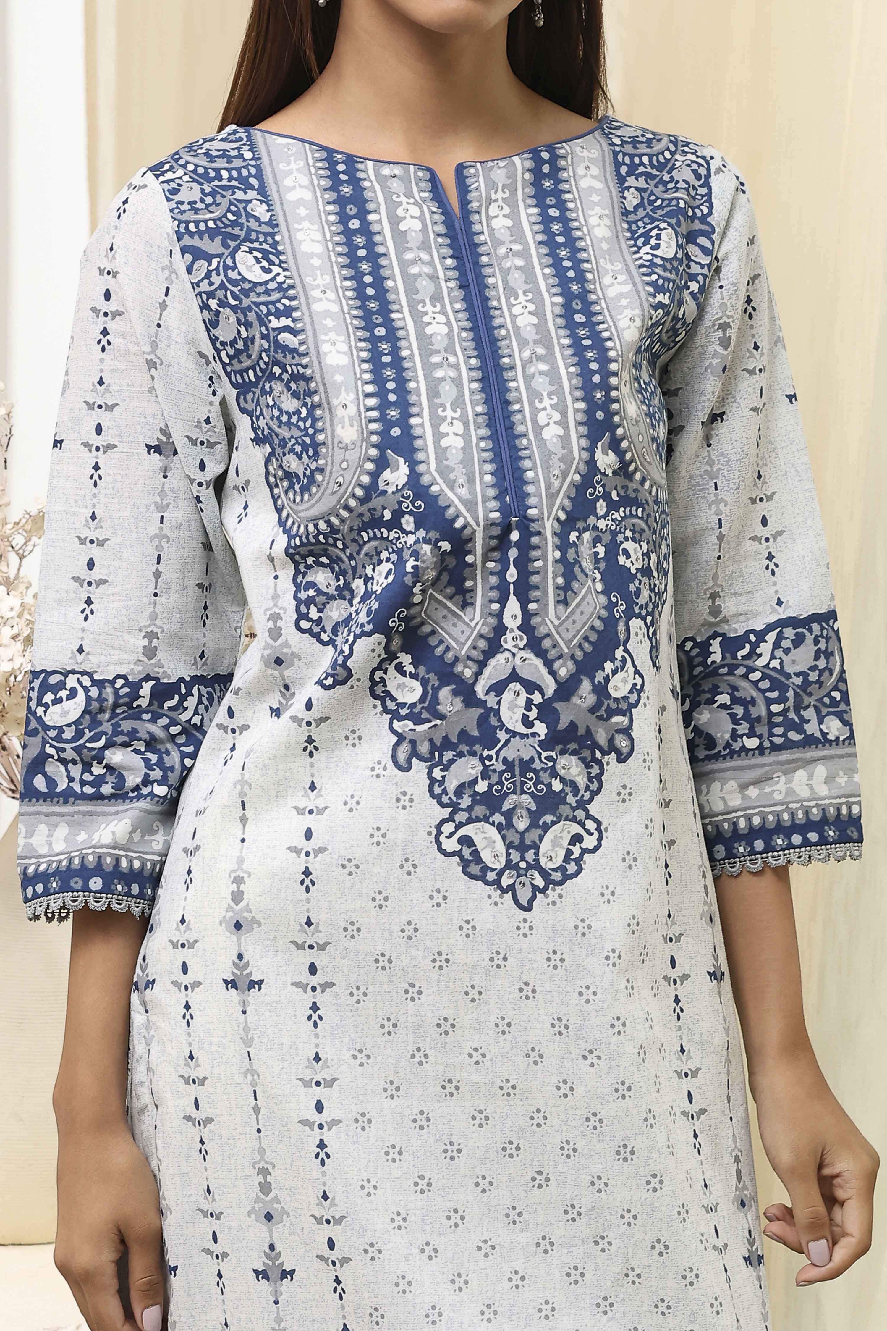 Blue Cotton Printed Straight Kurta image number 1