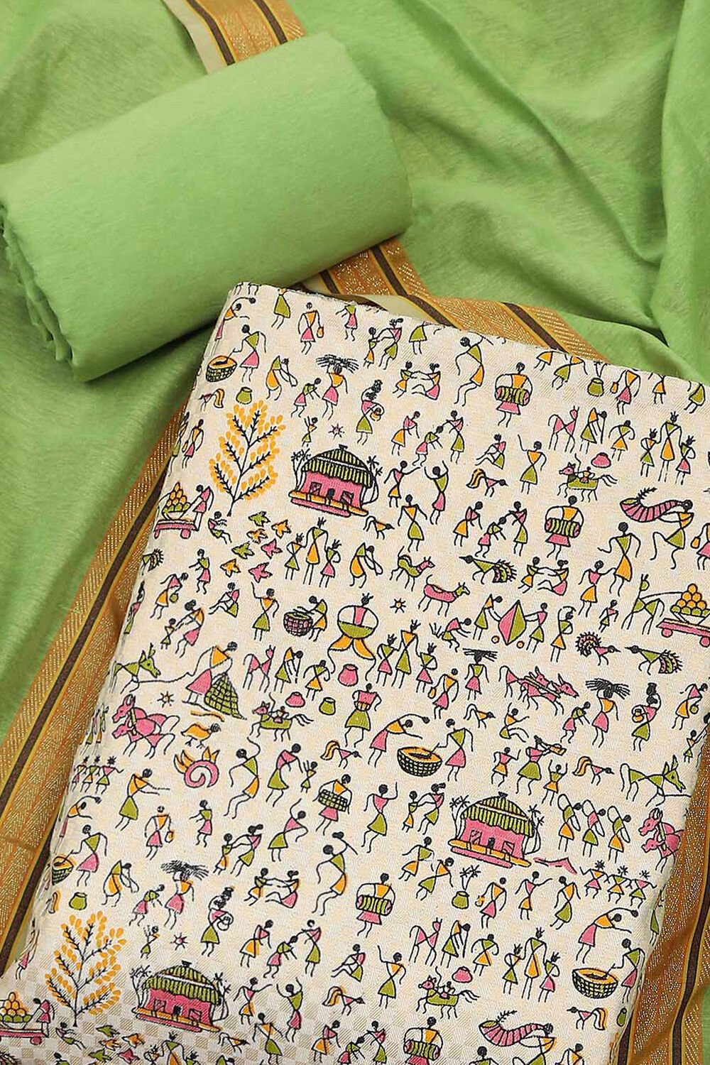 Beige and Pink Handloom Cotton Unstitched Suit Set image number 1