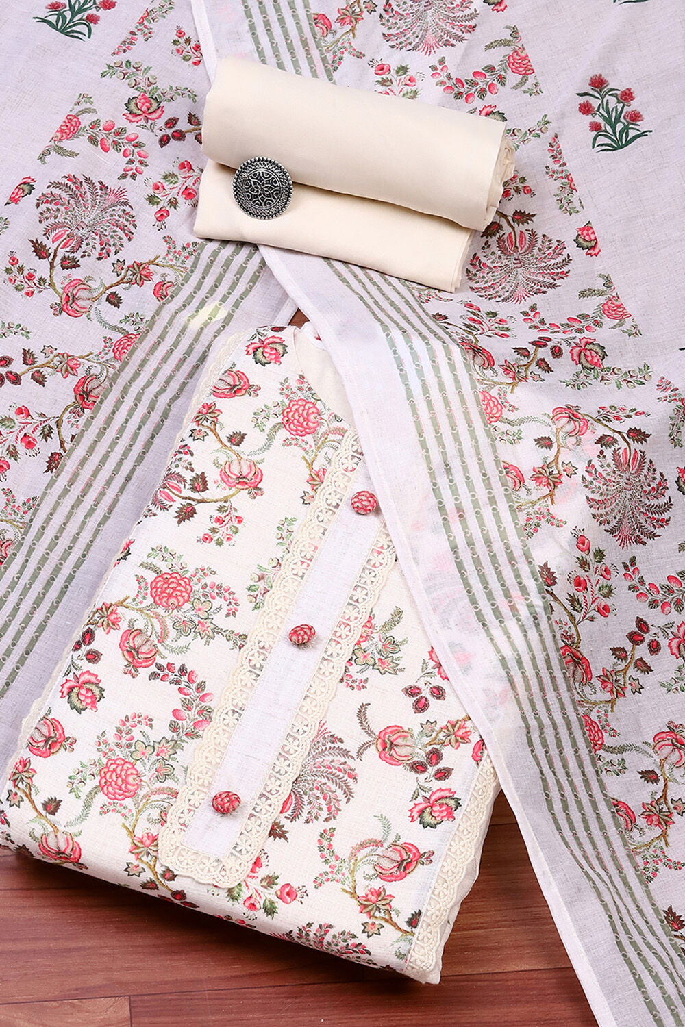 White and Red Cotton Embroidered Unstitched Suit Set image number 0