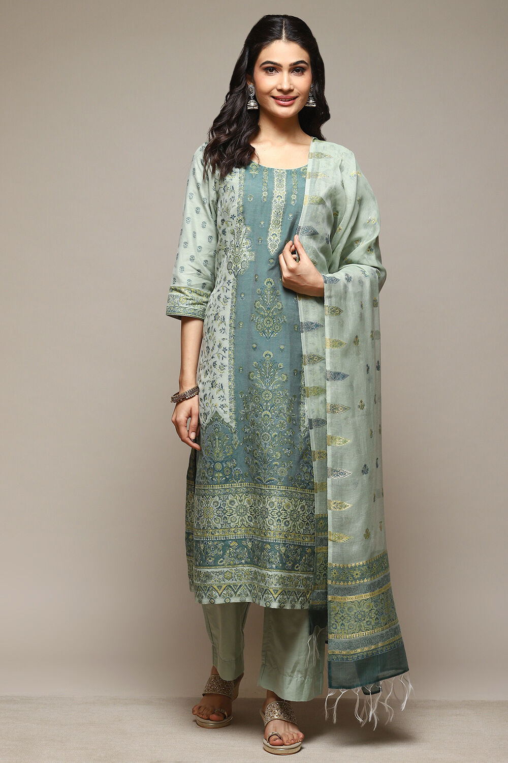 Green Cotton Blend Straight Yarndyed Kurta Suit Set image number 7
