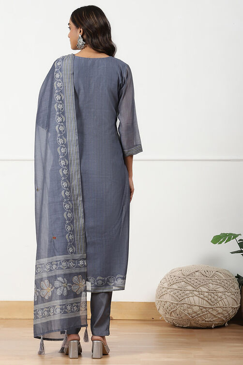 Grey Chanderi Hand Embroidered Unstitched Suit Set image number 3