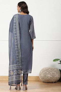 Grey Chanderi Hand Embroidered Unstitched Suit Set image number 3