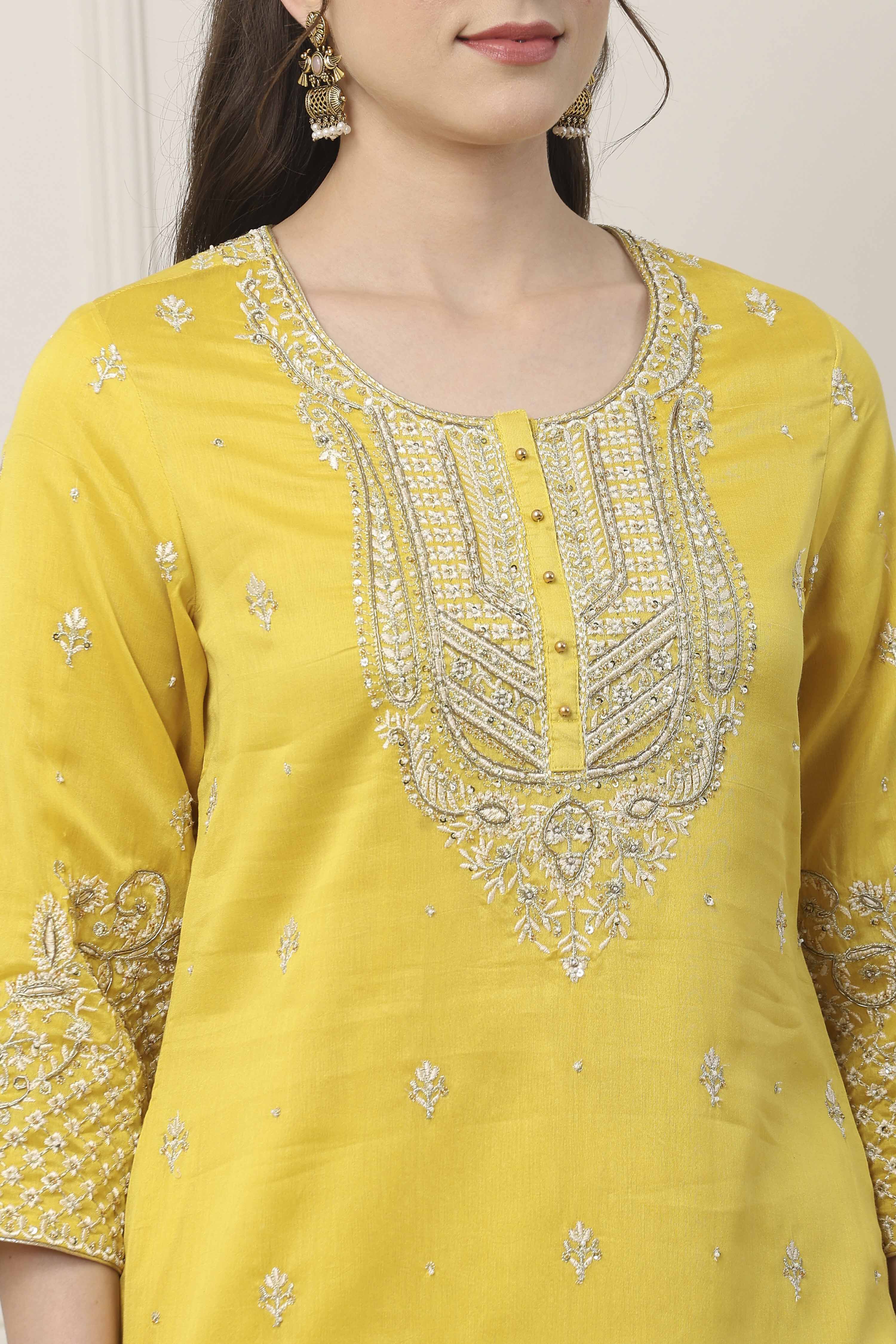 Yellow Silk Chanderi Sequin Embroidered Straight Suit Set image number 1