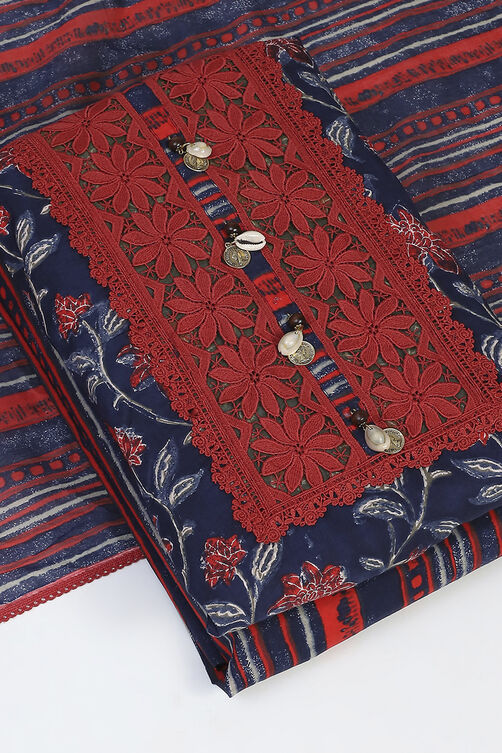 Navy Blue Cotton Unstitched Suit Set image number 5