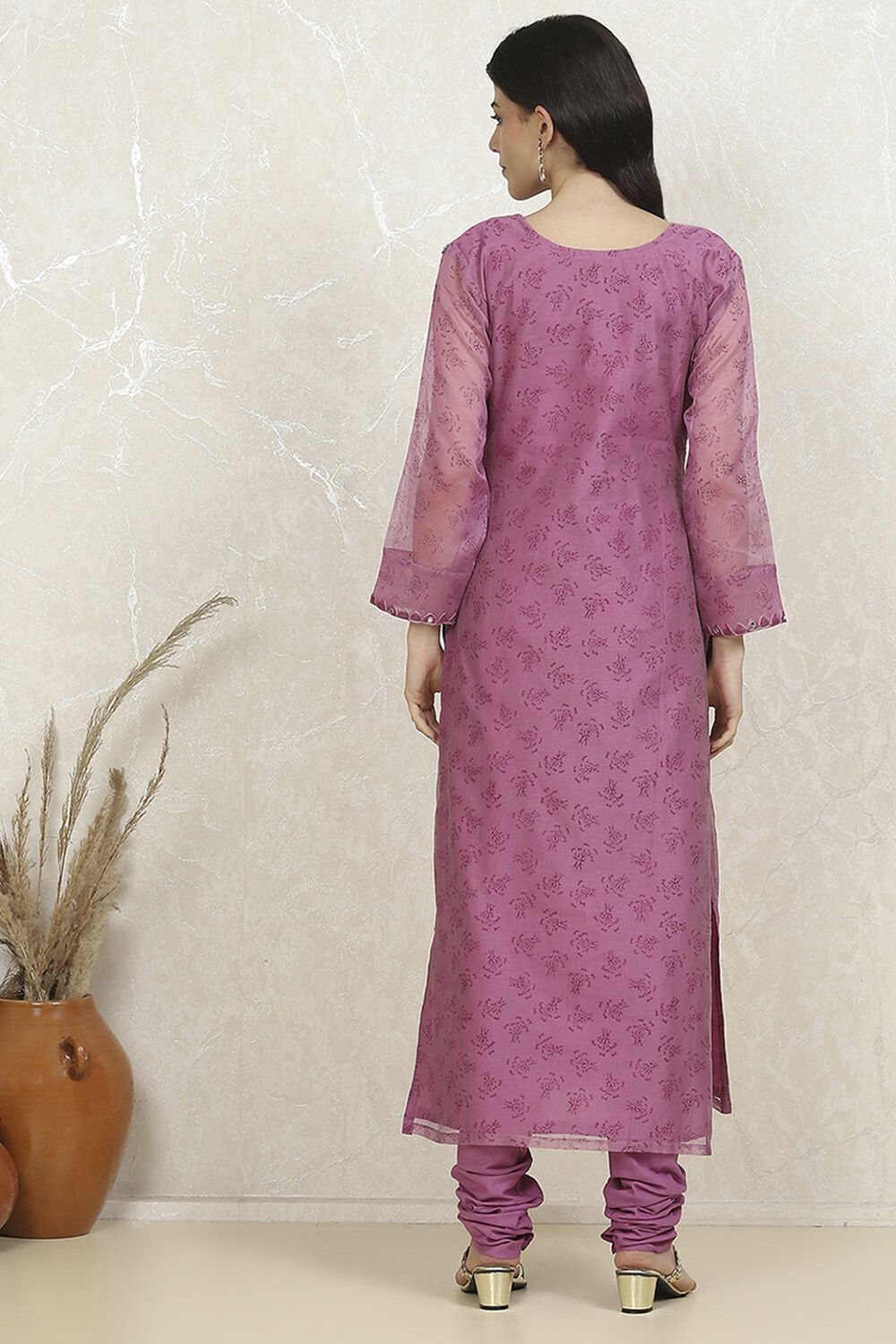 Purple Net Hand Embroidered Unstitched Suit Set image number 5