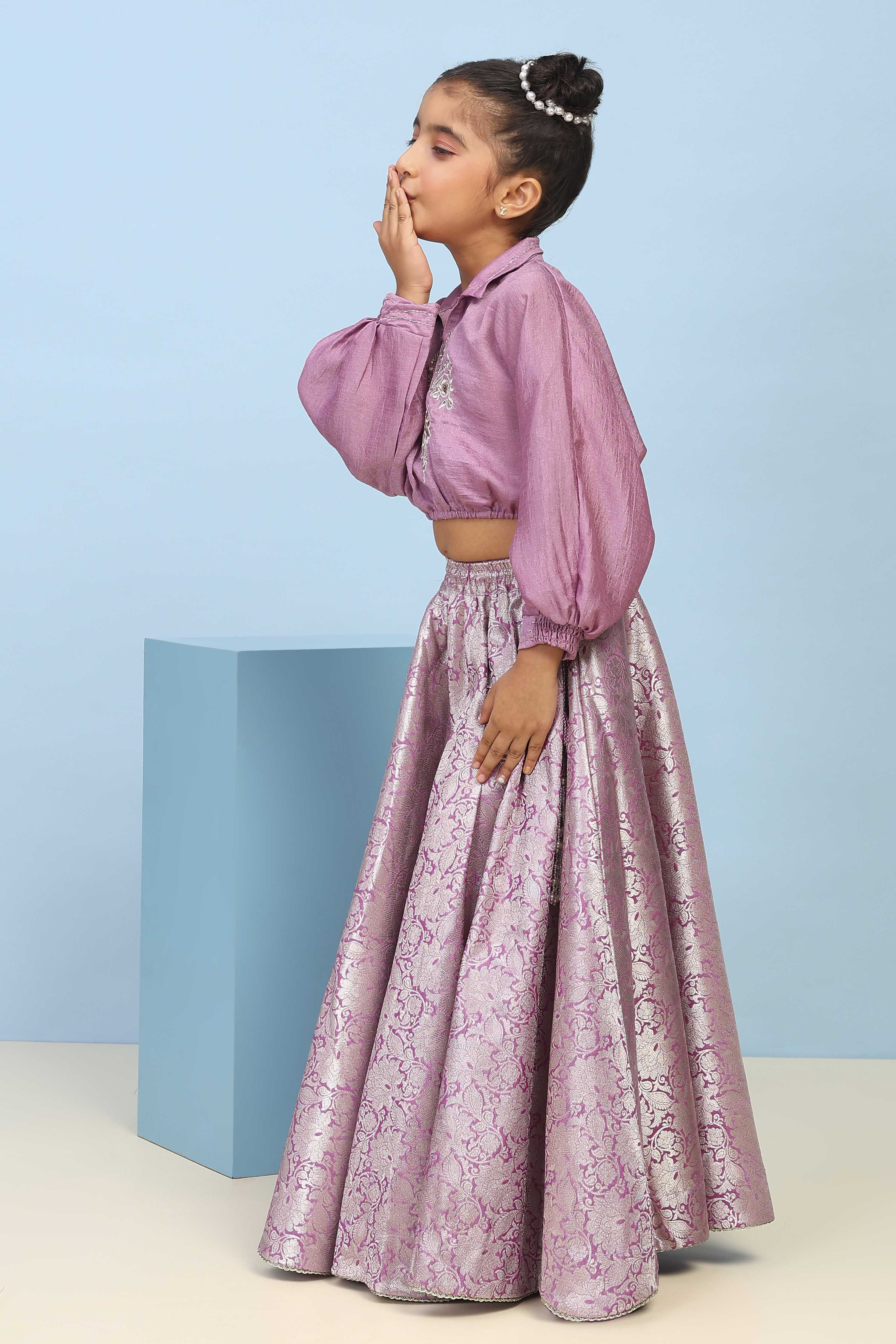 Lilac Polyester Flared Lehenga Set image number 3