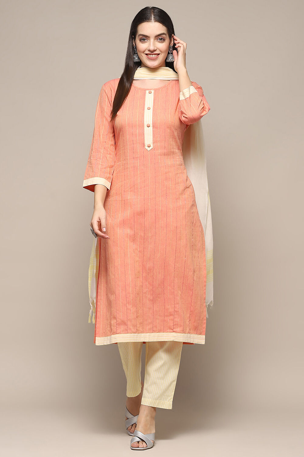 Blue Cotton Unstitched Suit set image number 8