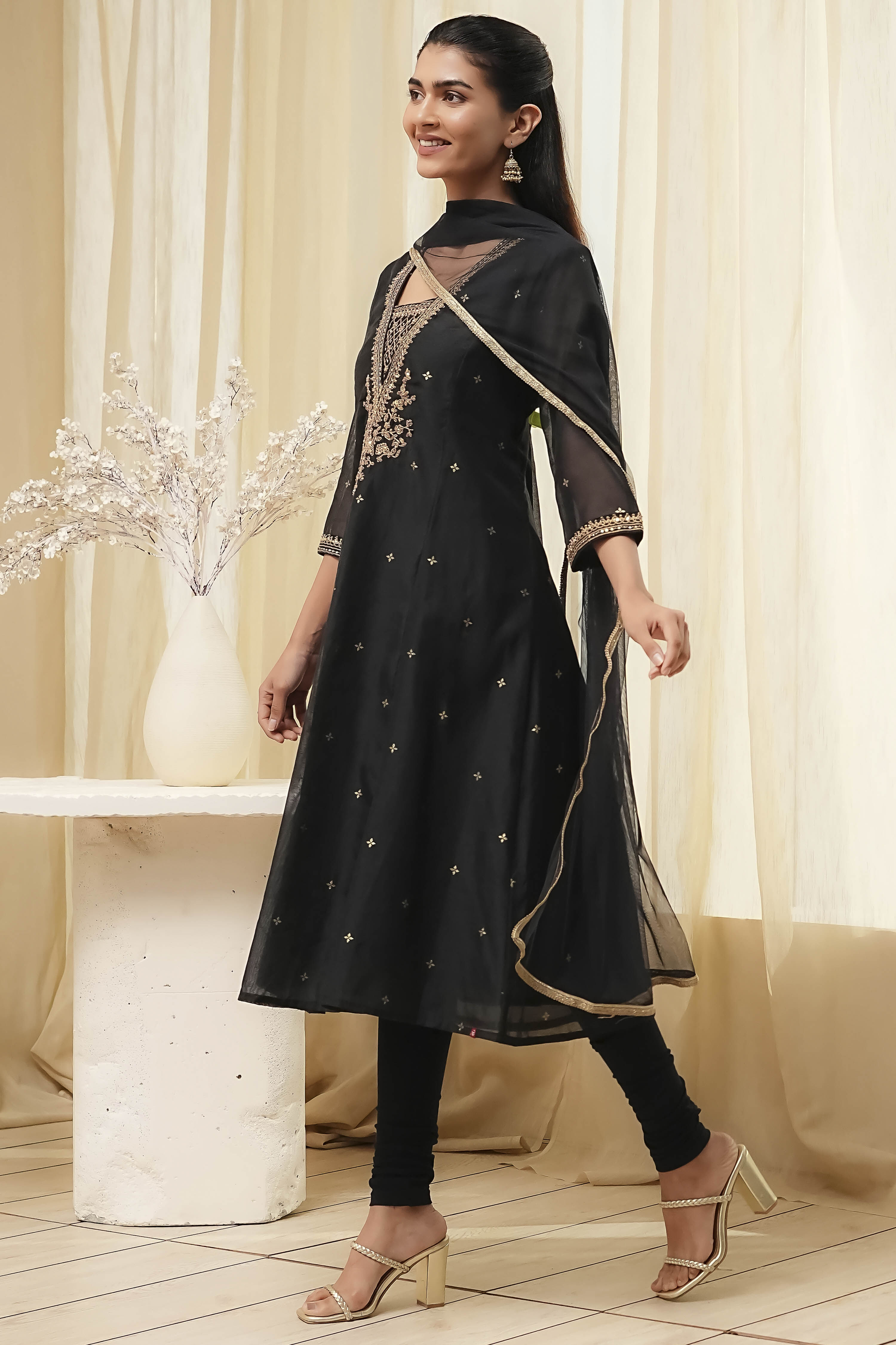 Black Poly Modal Kalidar Suit Set image number 3