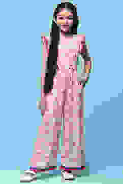 Pink Printed Rayon Slub Jumpsuit With Flutter Sleeves image number 0