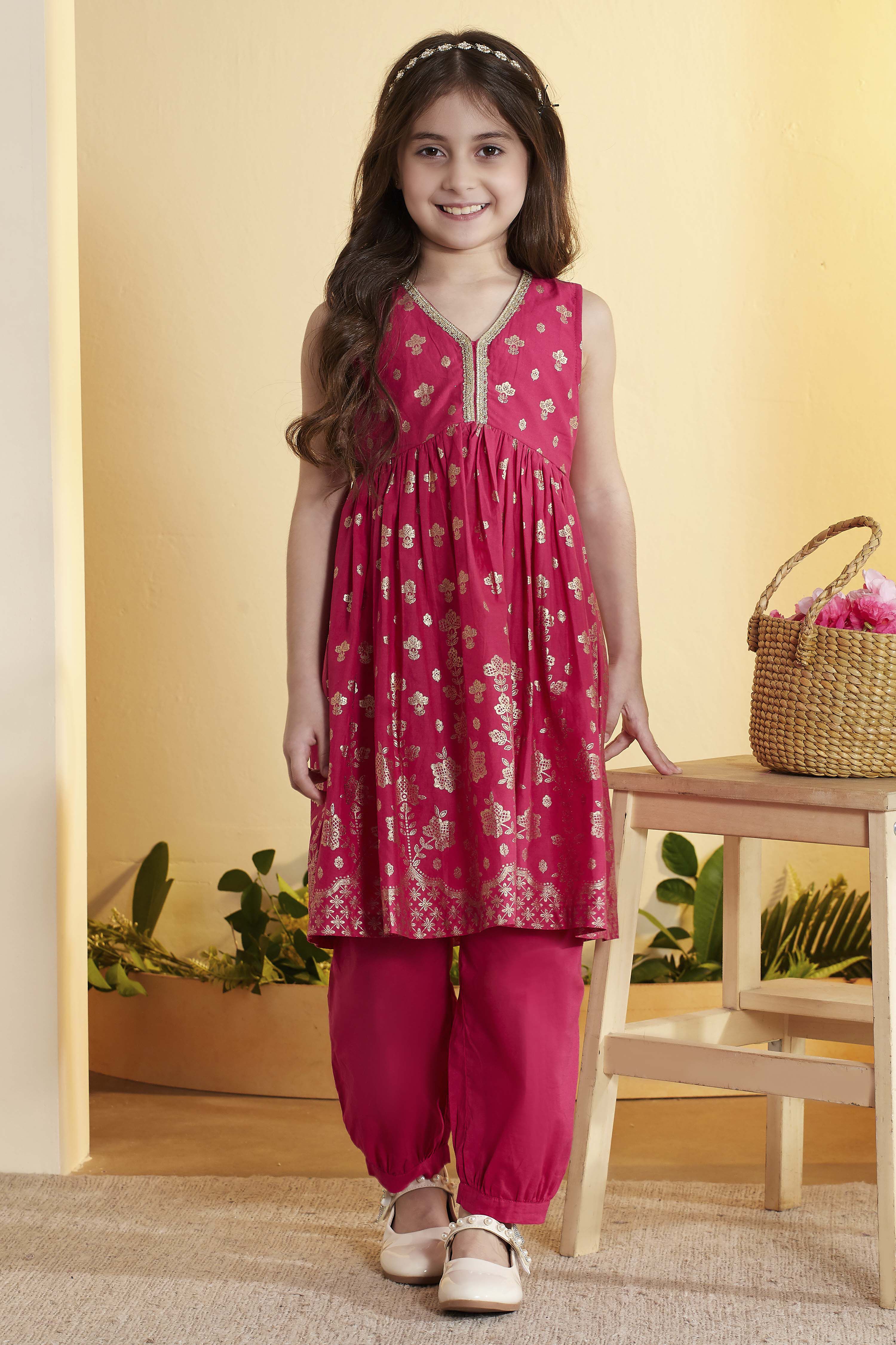 Pink Cotton Printed Gathered Kurta Pants Set image number 0