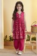 Pink Cotton Printed Gathered Kurta Pants Set image number 0