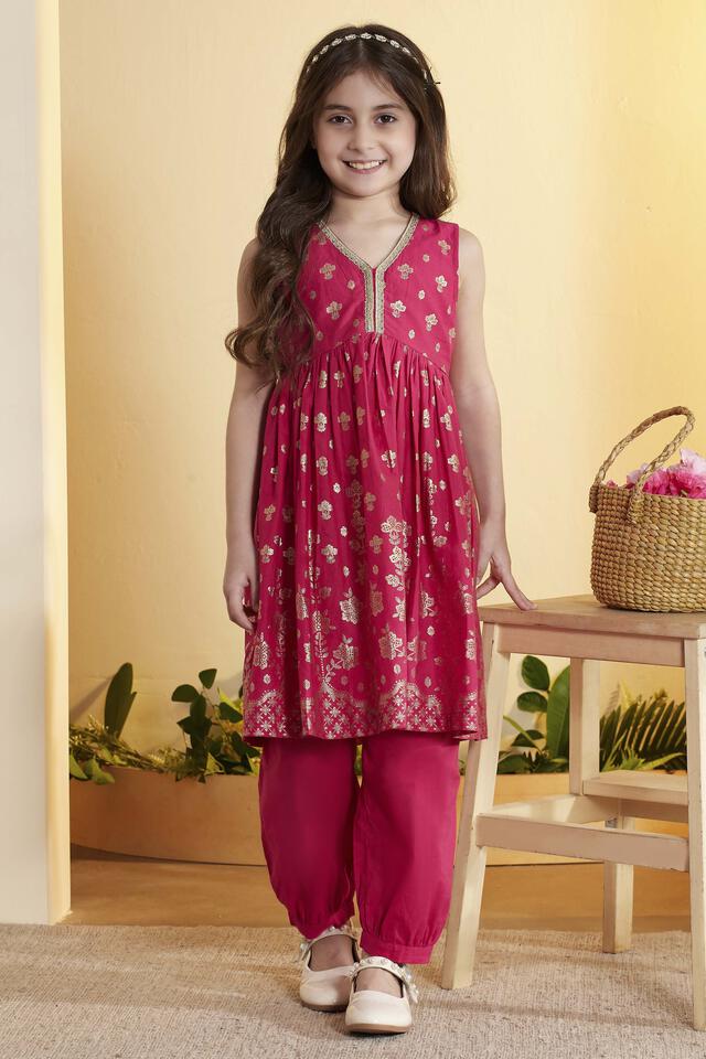 BIBA Cotton Printed Gathered Festive Kurta With Pant in Pink
