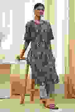 Black and Beige Printed Straight Kurta Set image number 0