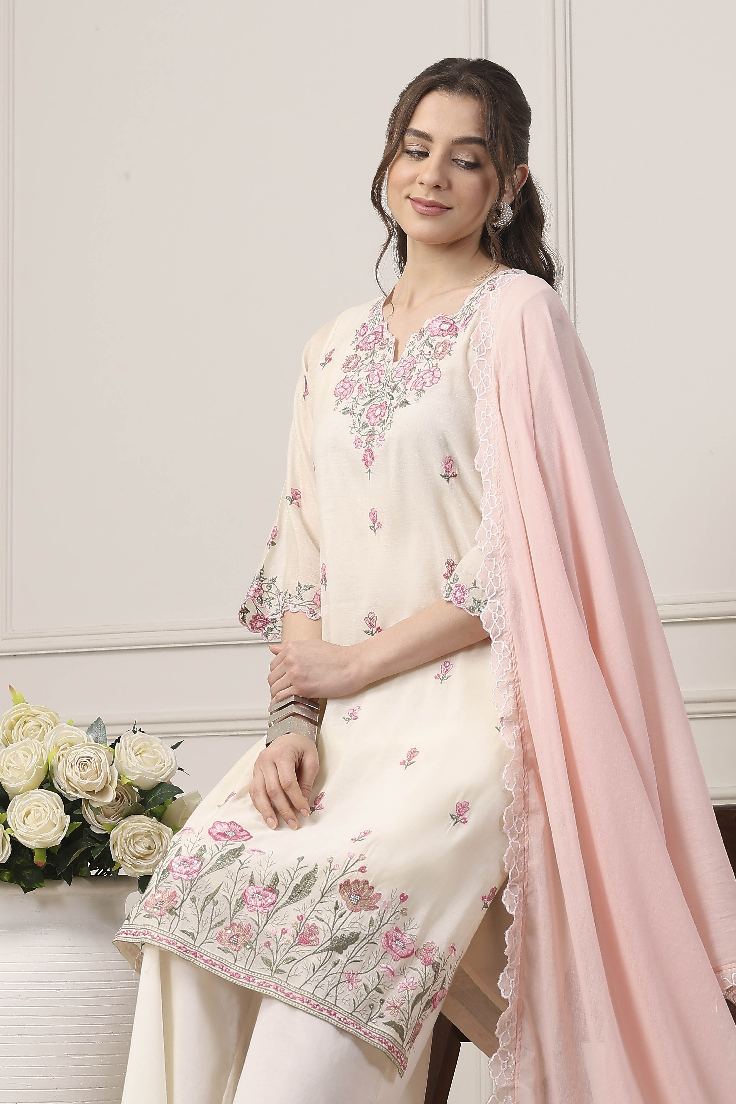 White Poly Chanderi Floral Work Straight Suit Set image number 6