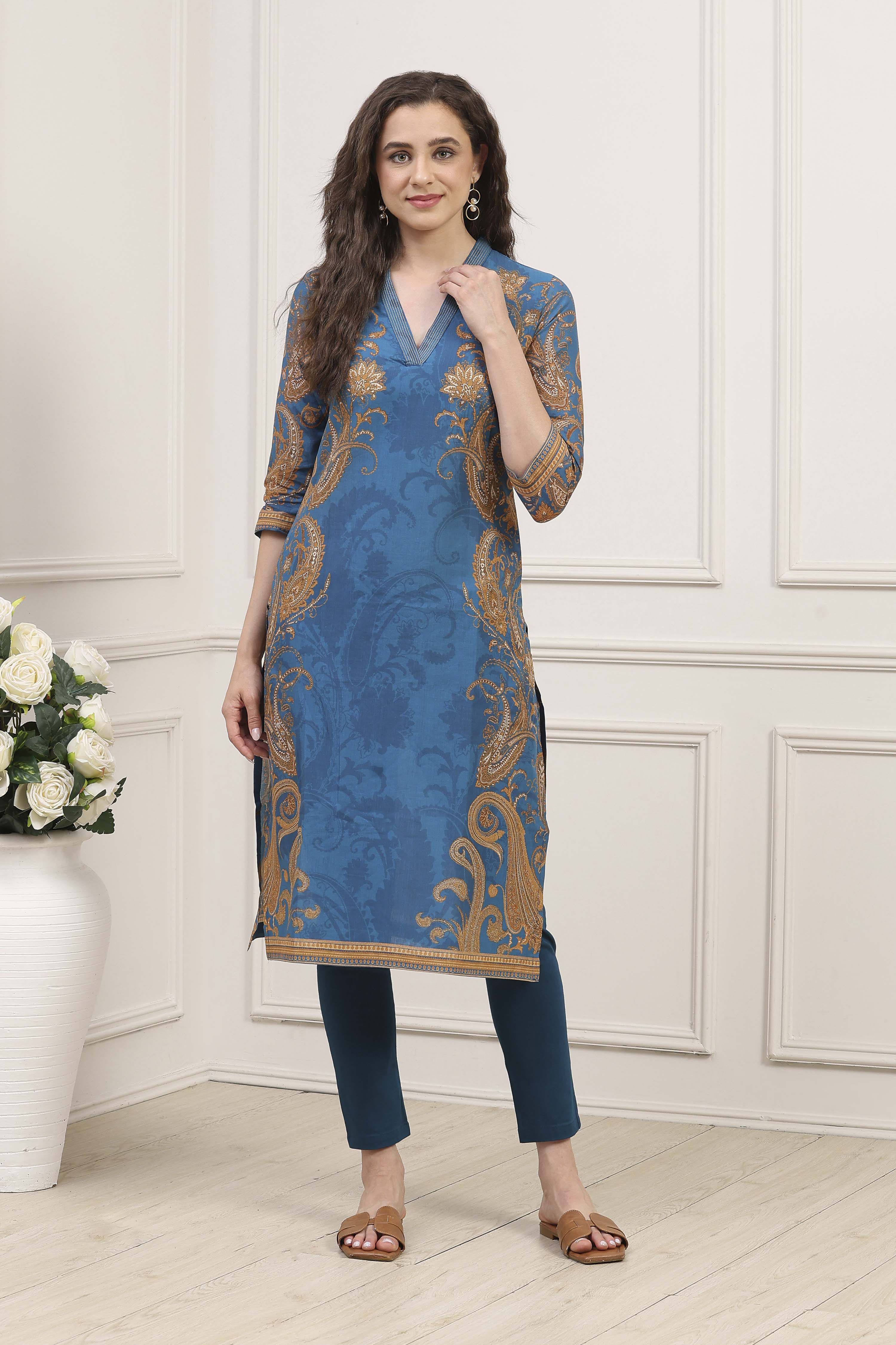 Blue Cotton A-Line Printed Kurta image number 6