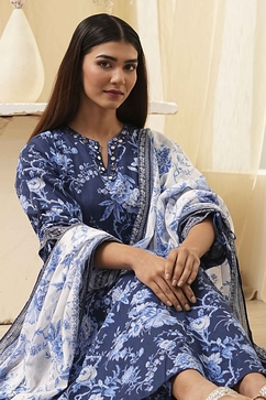 Indigo Pure Cotton Floral Gathered Suit Set image number 0