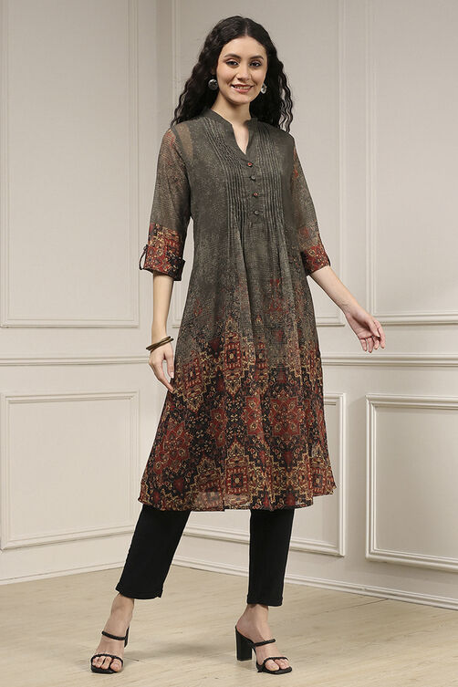 Charcoal-Rust Polyester Straight Printed Kurta image number 0