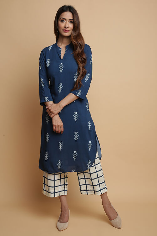 Navy Rayon Straight Kurta Palazzo Suit Set image number 0