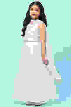 White Poly Chanderi Mirror Work Tiered Lehenga Set image number 7