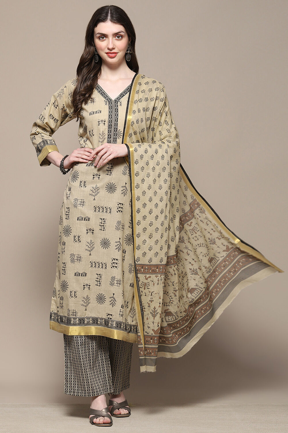 Grey Cotton African Screen Printed Unstitched Suit Set image number 1