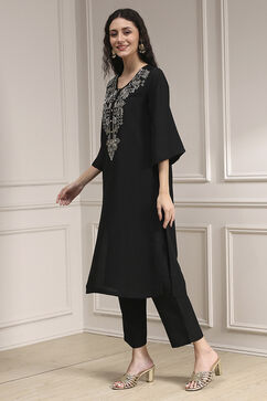 Black Textured Straight Kurta Pants Set image number 3
