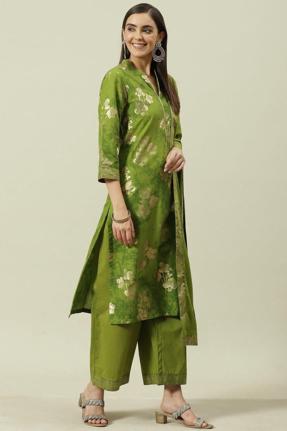 Turquoise Printed Cotton Straight Suit Set image number 6