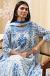 Off-White and Blue Cotton Floral Kalidar Suit Set
