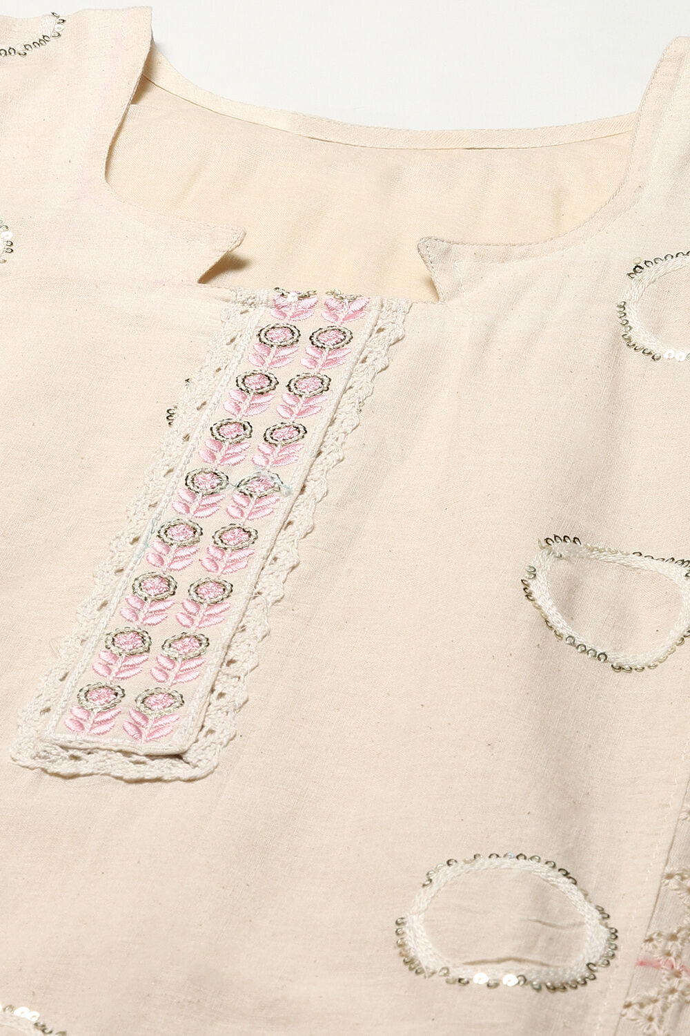 Off White Cotton Schiffly Unstitched Suit Set image number 2