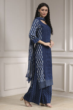 Blue Cotton Hand Embroidered Unstitched Suit Set image number 6